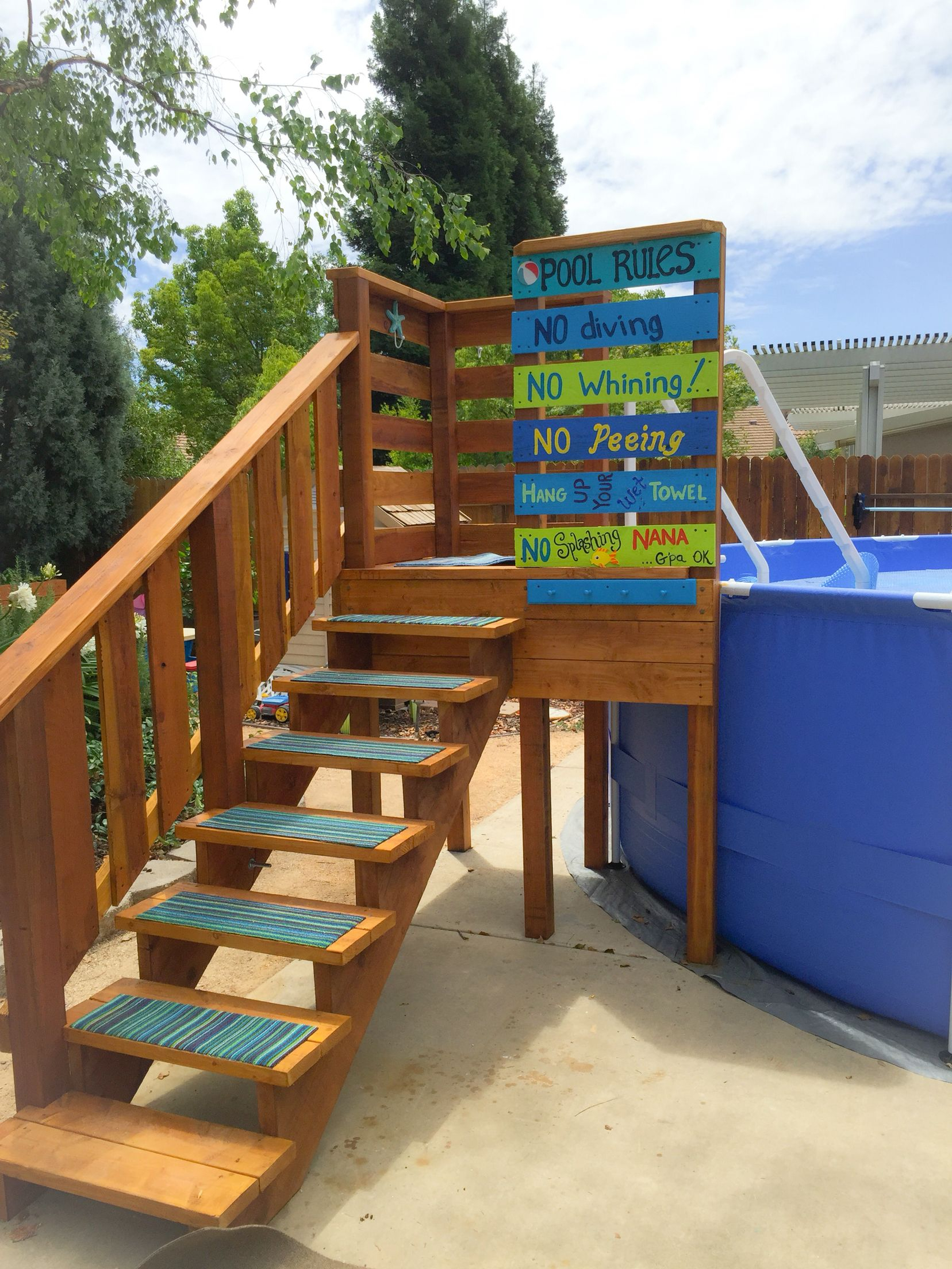 Above Ground Pool Entry Deck With Towel Rack And Storage Hooks intended for size 1656 X 2208
