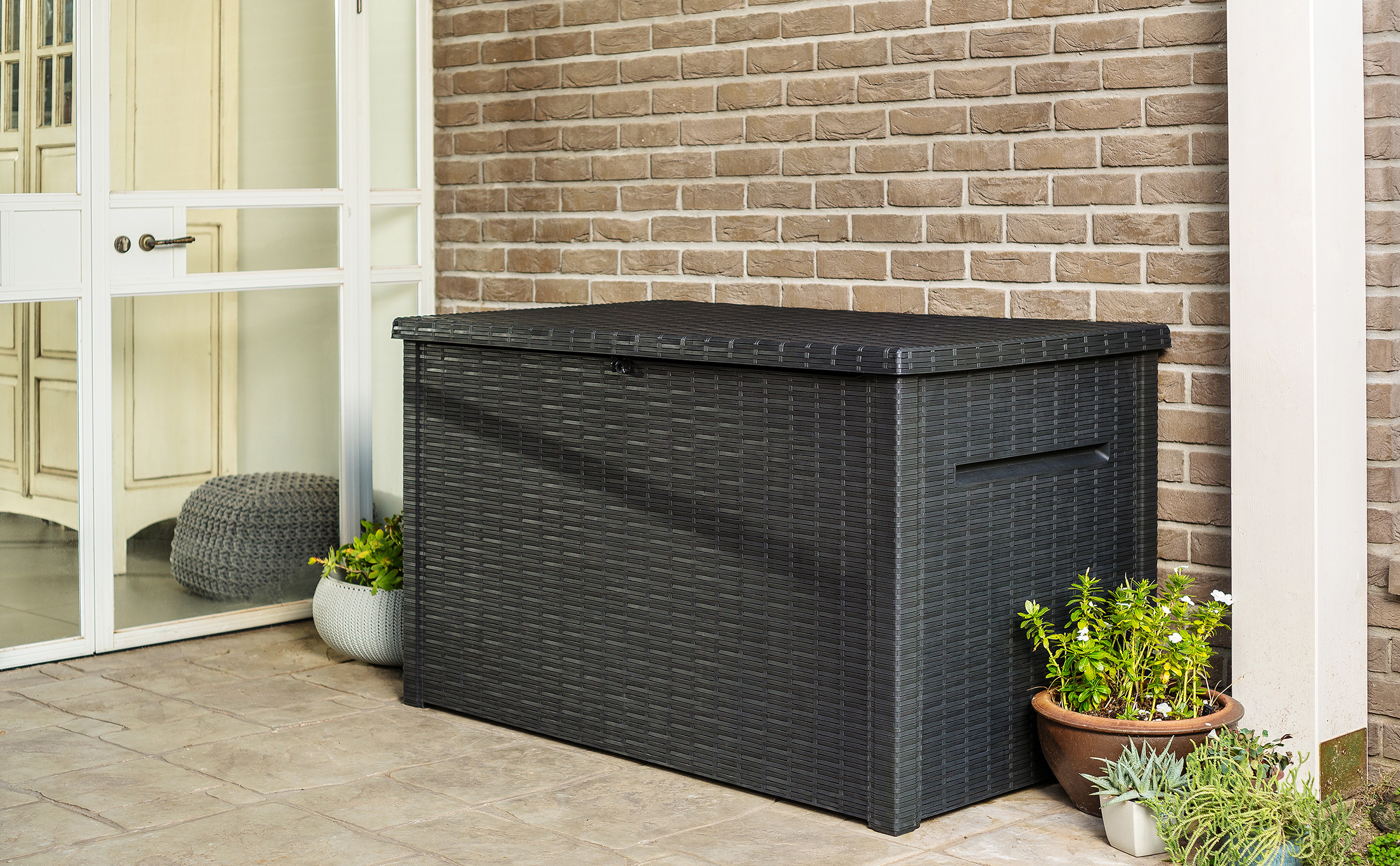 Keter Java Extra Large 230 Gallon Rattan Style Deck Box Plastic With Regard To Size 2426 X 1500 
