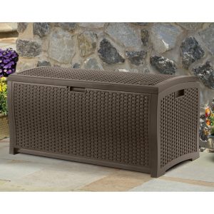 Outdoor Wicker Deck Box Deck Box Storage Seat 99 Gallon Java Brown regarding proportions 3200 X 3200