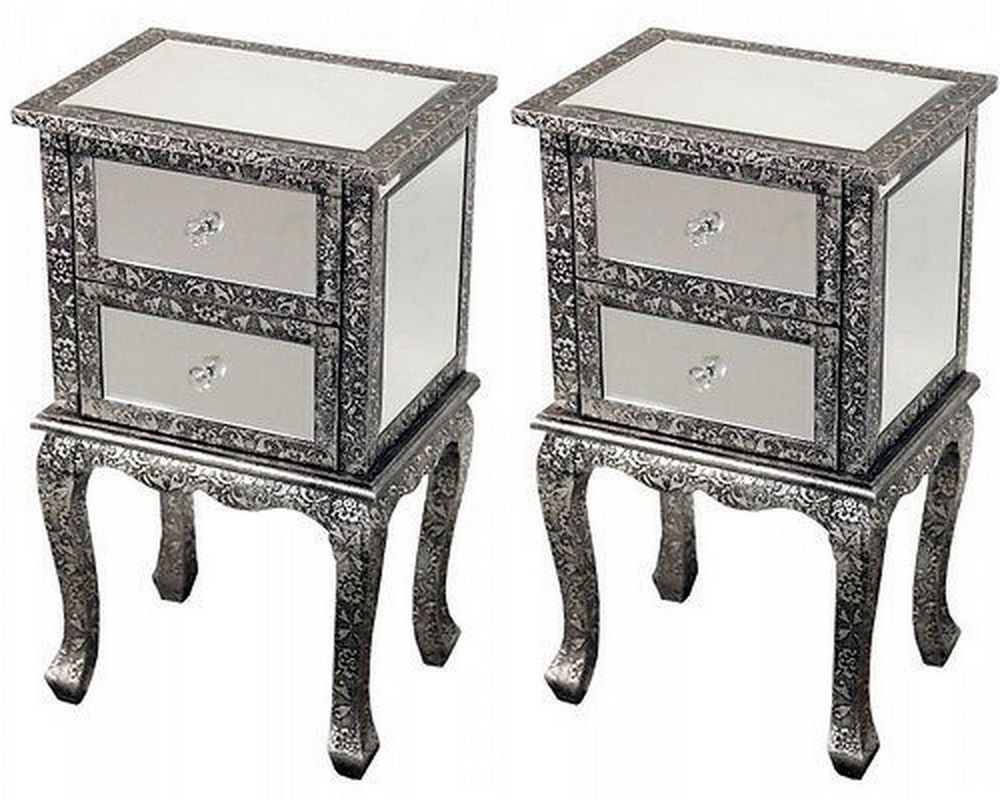 2 Blacksilver Embossed Mirrored Bedside Cabinets Lamp Table for size 1000 X 800