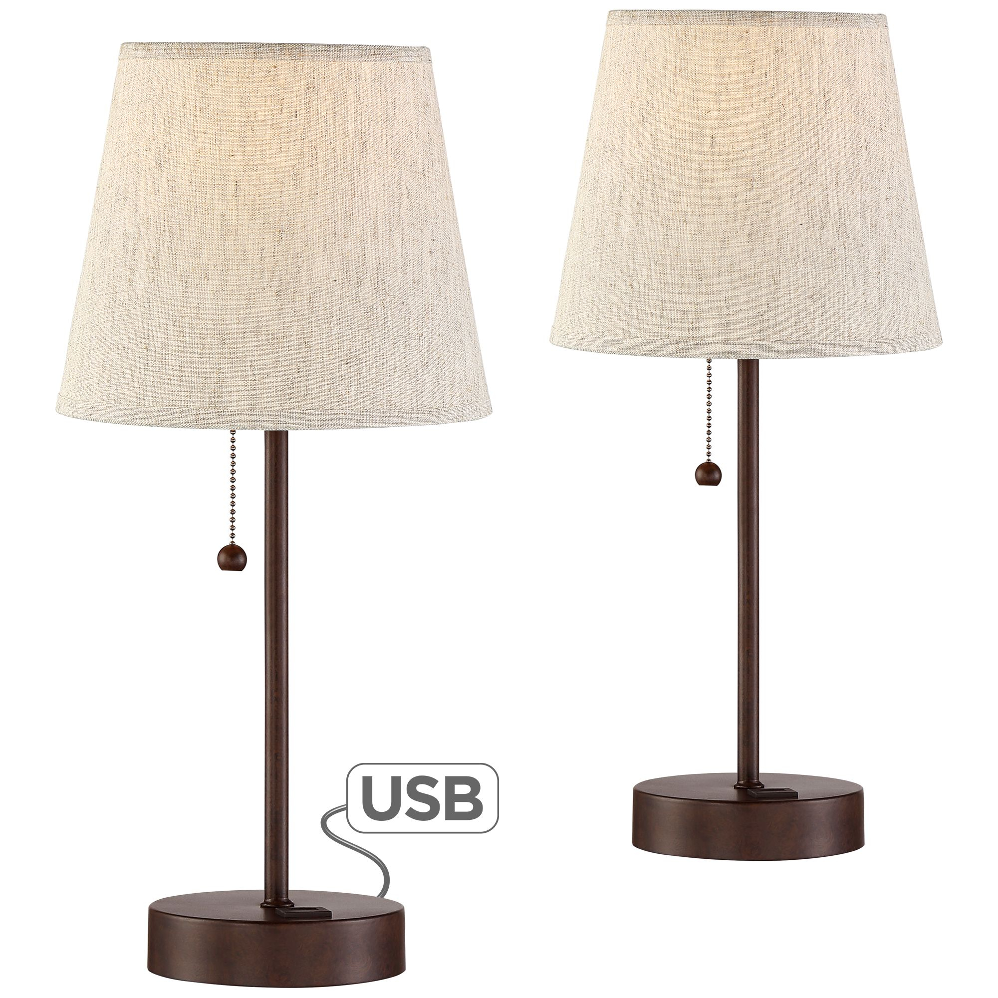 360 Lighting Modern Accent Table Lamps 18 14 High Set Of 2 With Hotel Style Usb Charging Port Bronze Metal Drum Shade For Bedroom Bedside with size 2000 X 2000