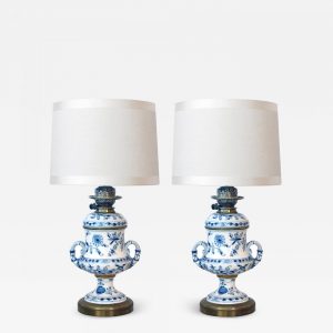 A Good Pair Of Meissen Blue Onion Pattern Oil Lamps Now Electrified for sizing 1400 X 1400