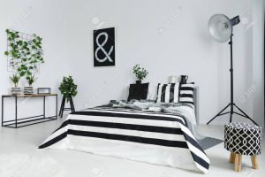 Black And White Bedroom With House Plants And Floor Lamp throughout sizing 1300 X 866