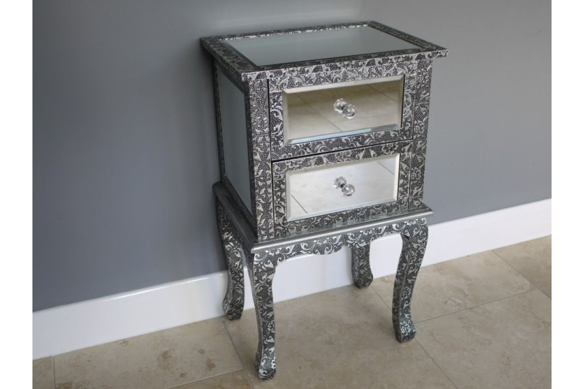 Black Silver Embossed Mirrored Glass Bedside Lamp Side Table Drawers Dx3251 for dimensions 1152 X 768