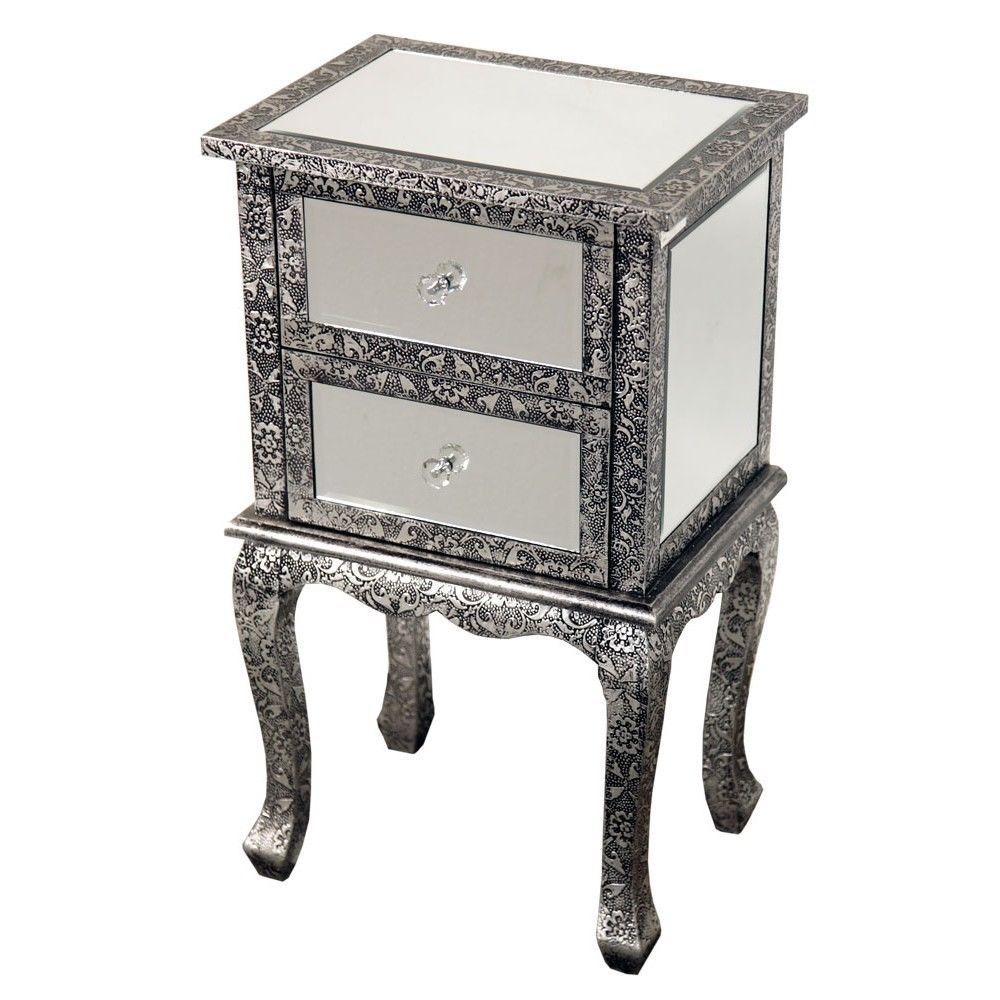 Black Silver Embossed Mirrored Glass Bedside Lamp Table Two Drawers T1203bali regarding sizing 1000 X 1000