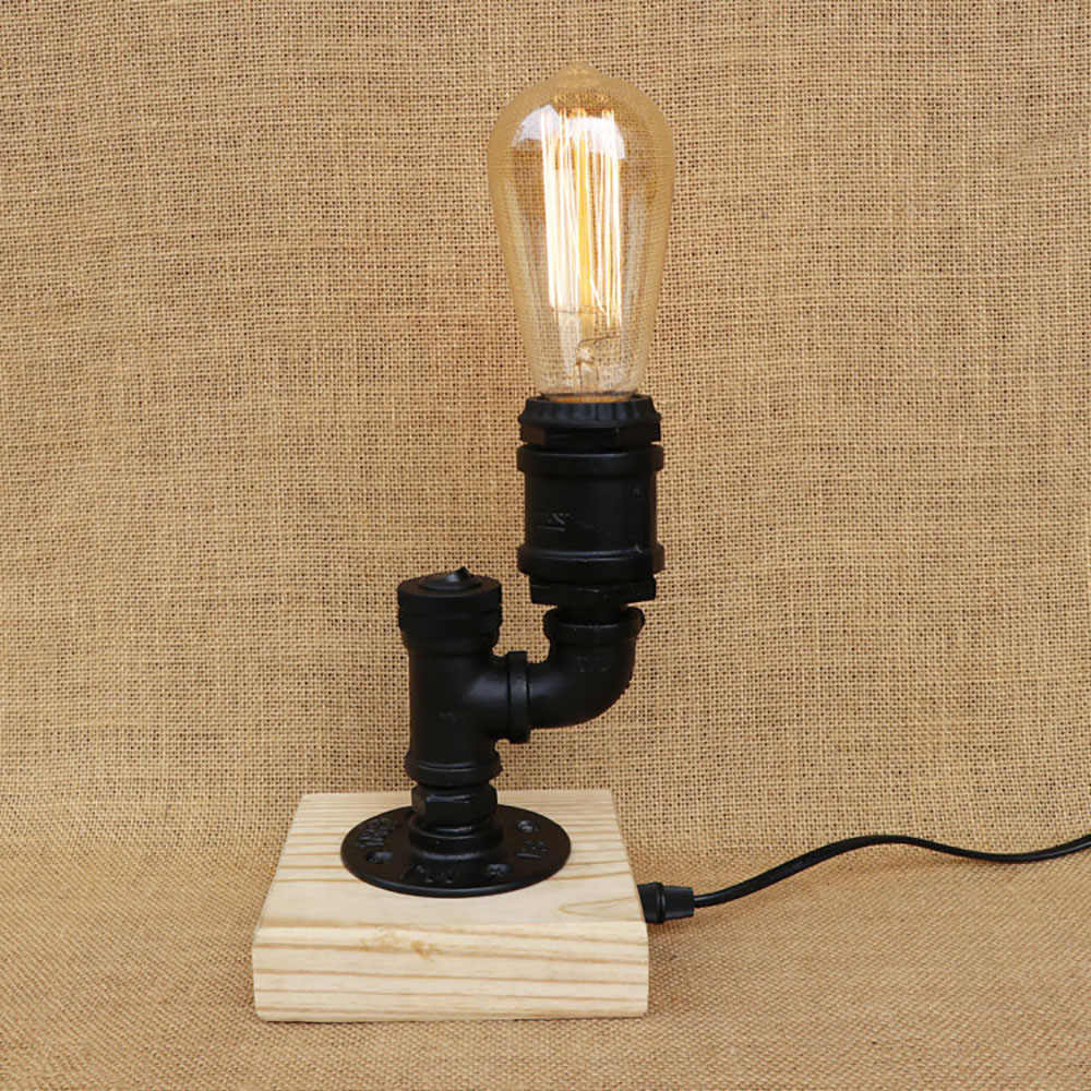 Black Vintage Workroom Wood Water Pipe Steam Punk Table Lamp With Switch E27 E26 Led Lights For Bedroom Bedside Office Study intended for size 1000 X 1000