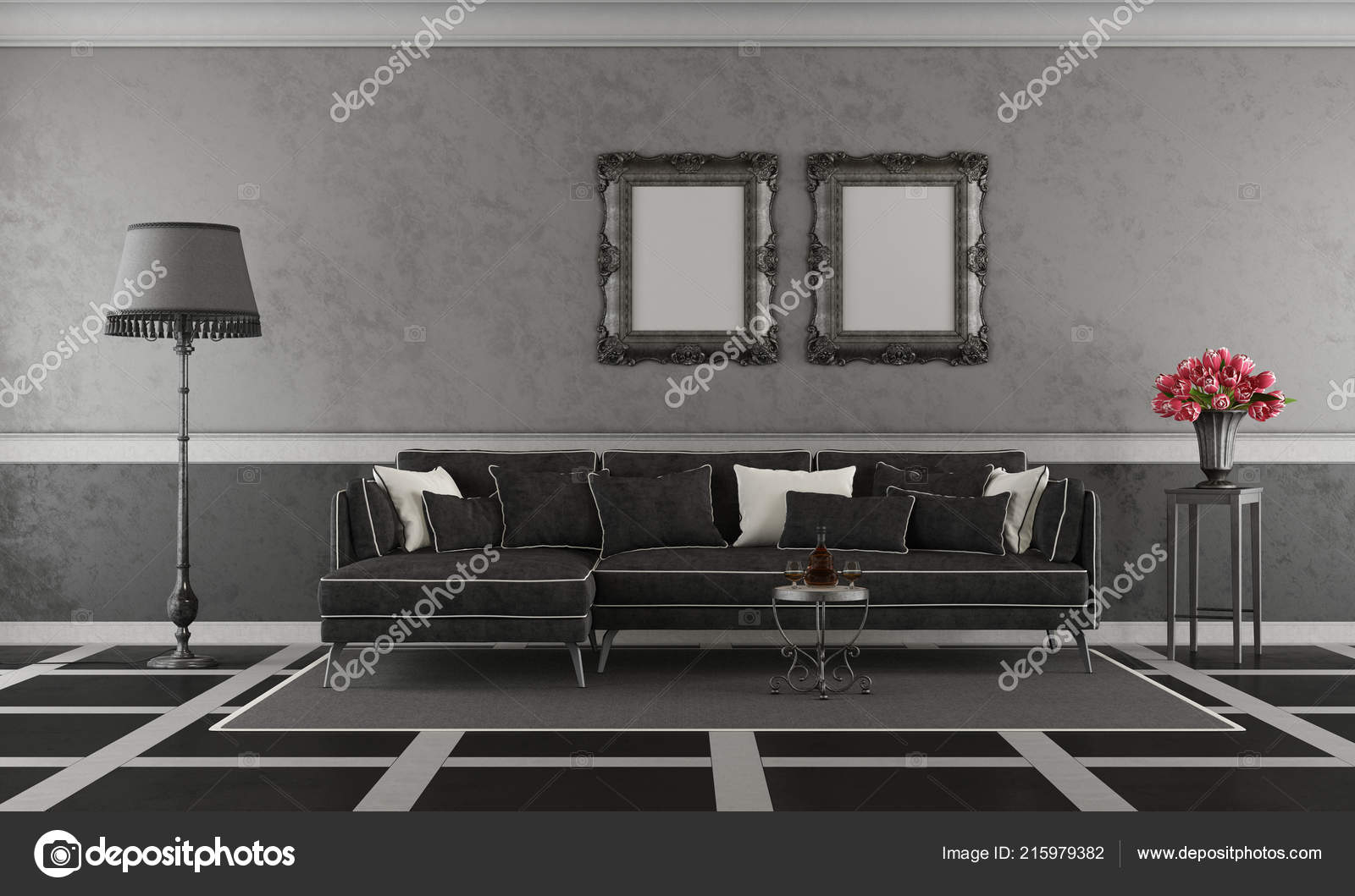 Black White Classic Living Room Sofa Floor Lamp Rendering intended for measurements 1600 X 1059