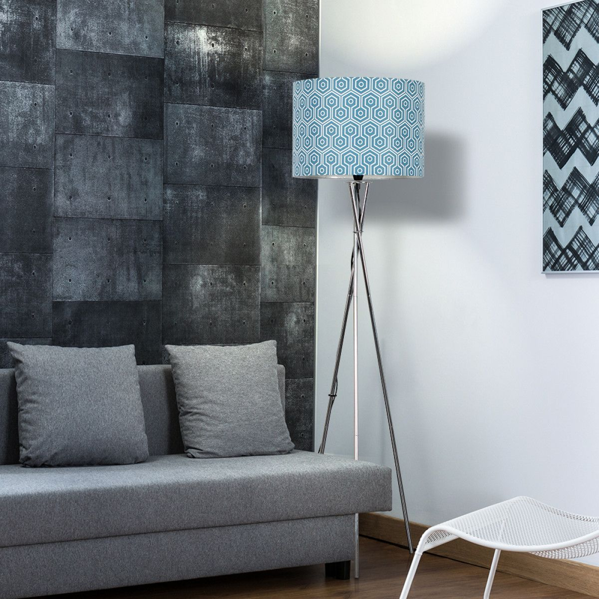 Camden Chrome Tripod Floor Lamp With Blue Geometric Shade throughout measurements 1200 X 1200