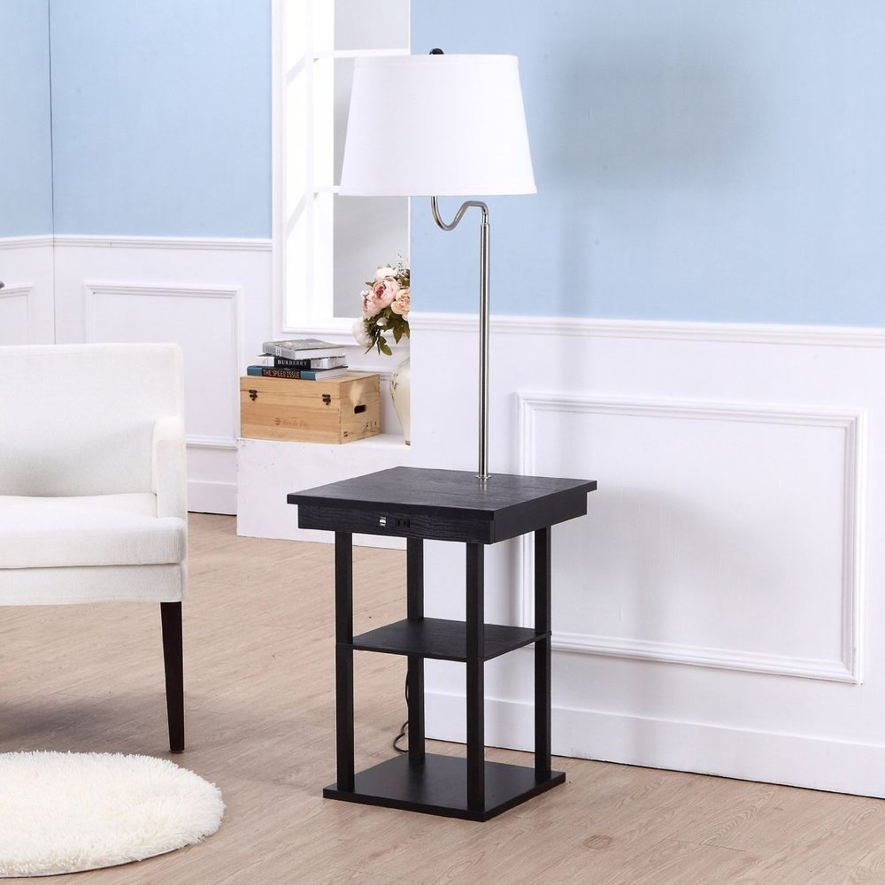 Black End Table With Lamp Attached.