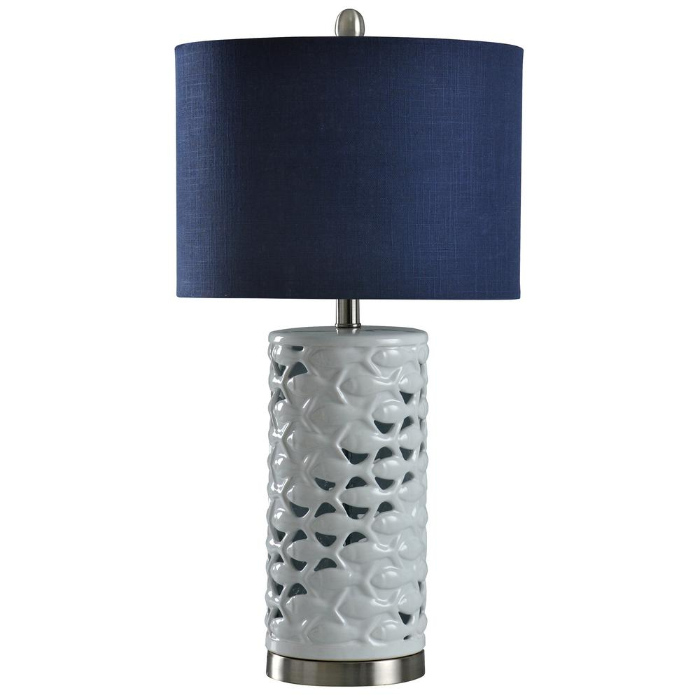 Stylecraft 27 In Whitesilversand Table Lamp With Navy Blue Hardback Fabric Shade in sizing 1000 X 1000
