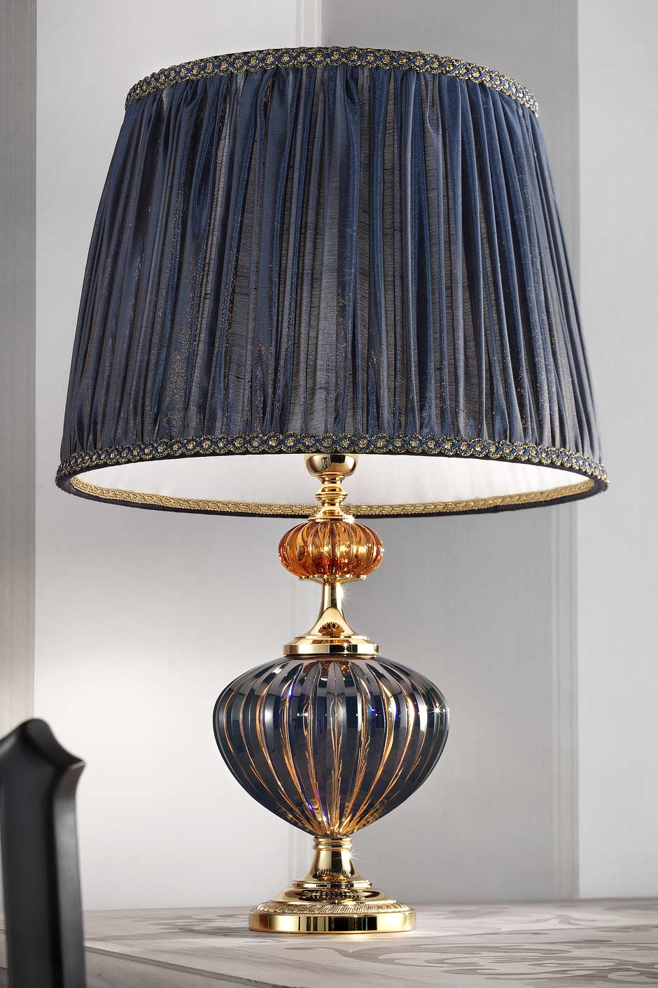 Table Lamp In Dark Blue And Gold Murano Glass Pleated Dark Blue Silk Shade With Toning Braid within sizing 940 X 1410