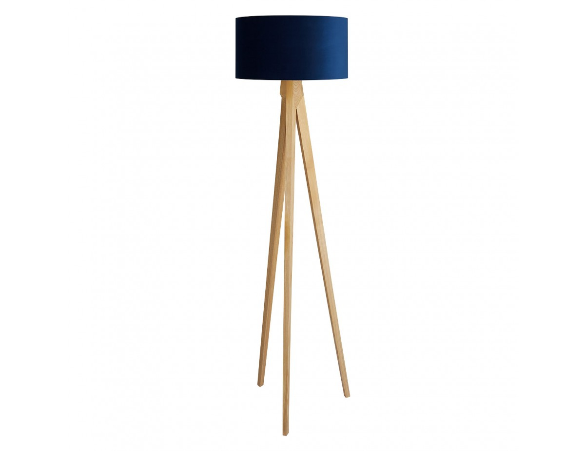 Tripod Oak Wooden Floor Lamp With Blue Velvet Shade with regard to dimensions 1200 X 925