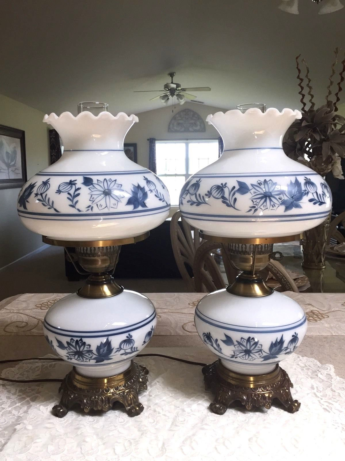 Vintage Pair Blue Onion Gwtw Hurricane Table Lamps Beautiful throughout dimensions 1200 X 1600