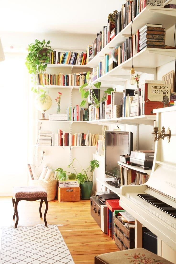 13 Ways To Decorate Around A Piano Bookshelves In Living with sizing 736 X 1104