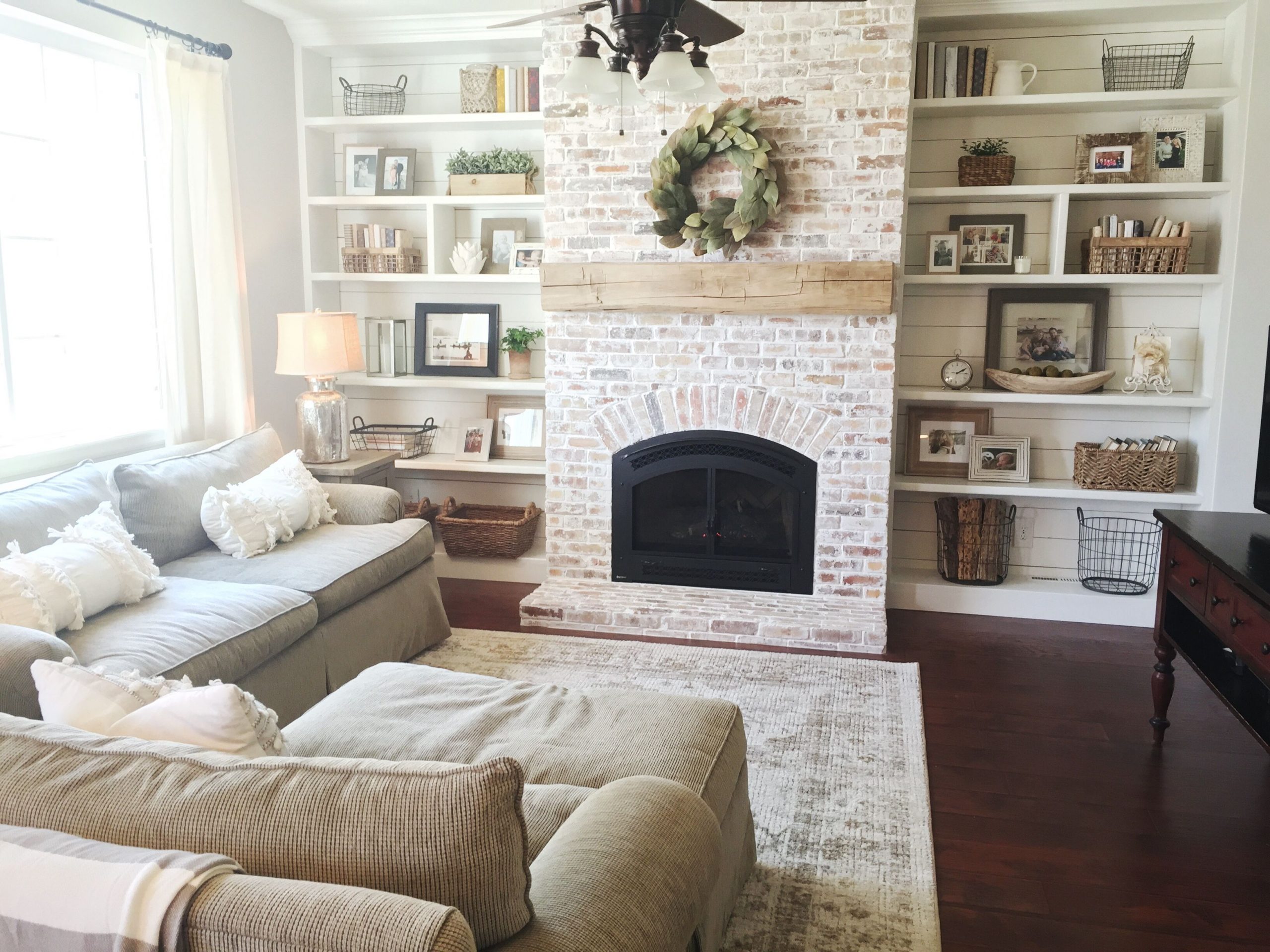 Built Ins Shiplap Whitewash Brick Fireplace Bookshelf regarding sizing 3264 X 2448