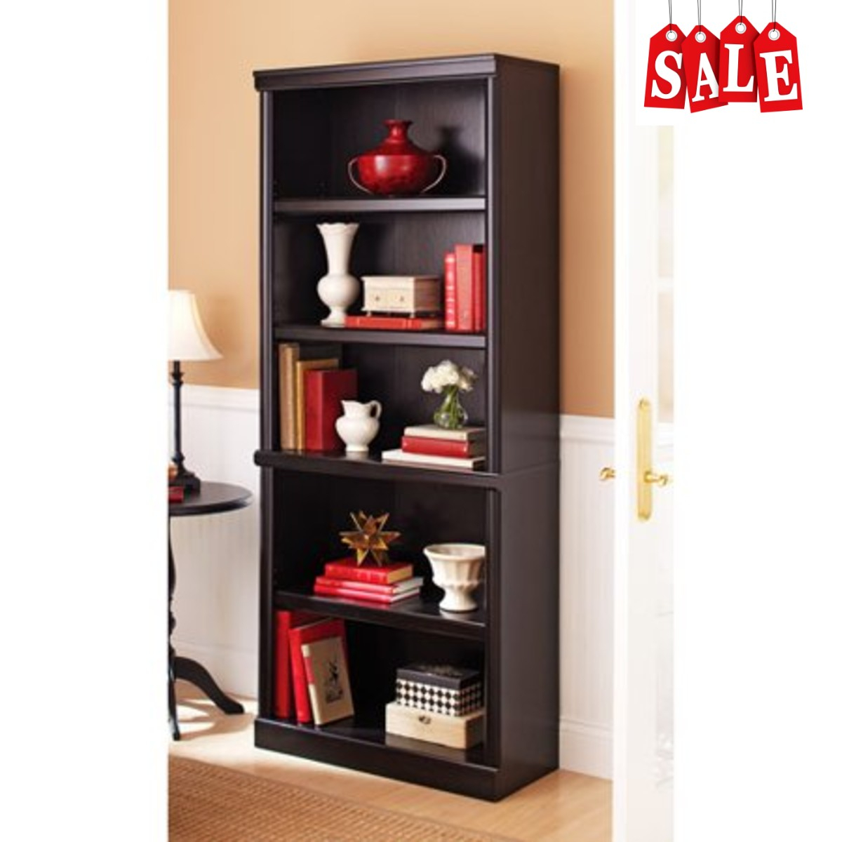 Details About 5 Shelf Solid Wooden Bookcase Tall Narrow Bookshelves Vintage Black Home Office with dimensions 1200 X 1200