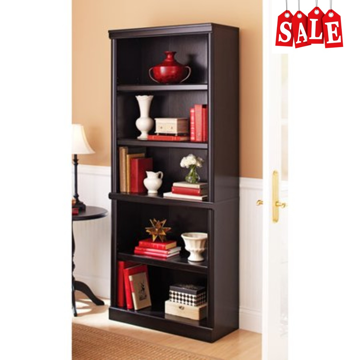 Details About 5 Shelf Solid Wooden Bookcase Tall Narrow Bookshelves Vintage Black Home Office within dimensions 1200 X 1200