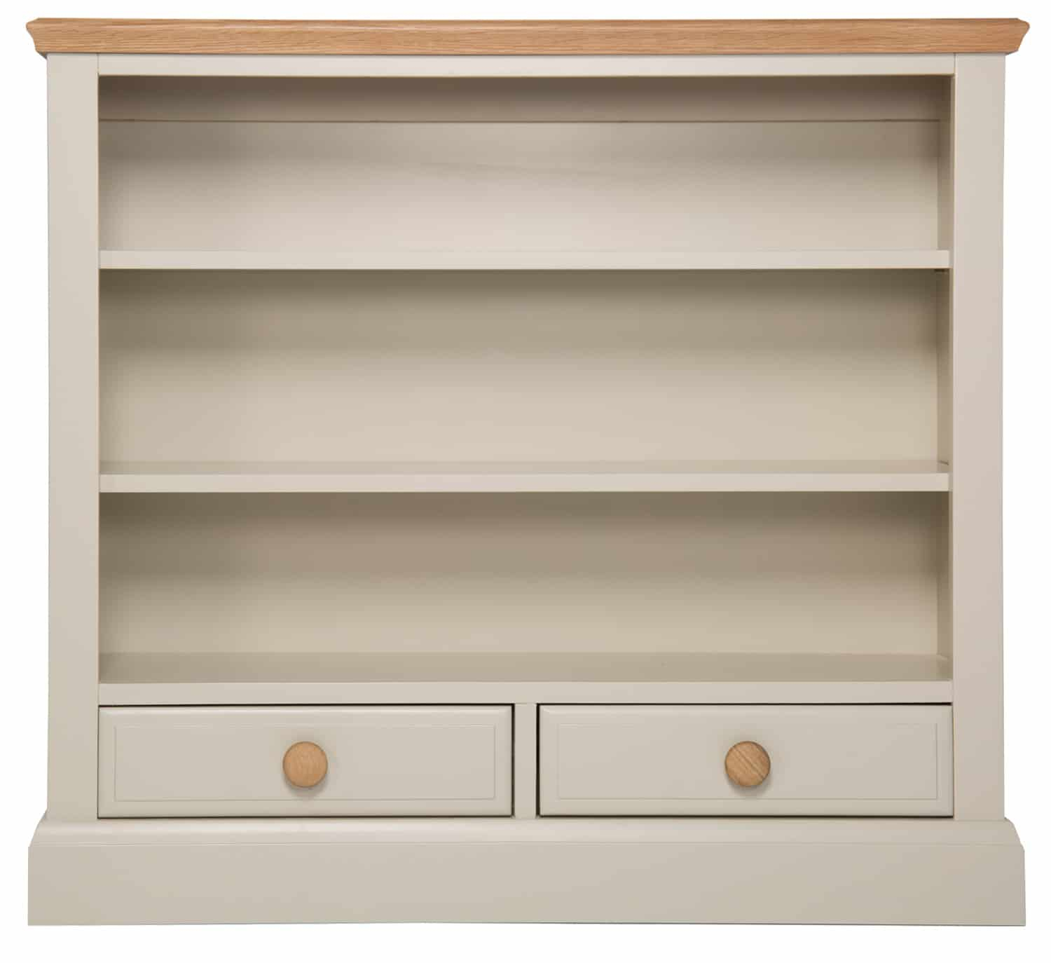 Dorset Stone Painted Oak Small Low Open Bookcase Display Unit With Drawers with proportions 1500 X 1374