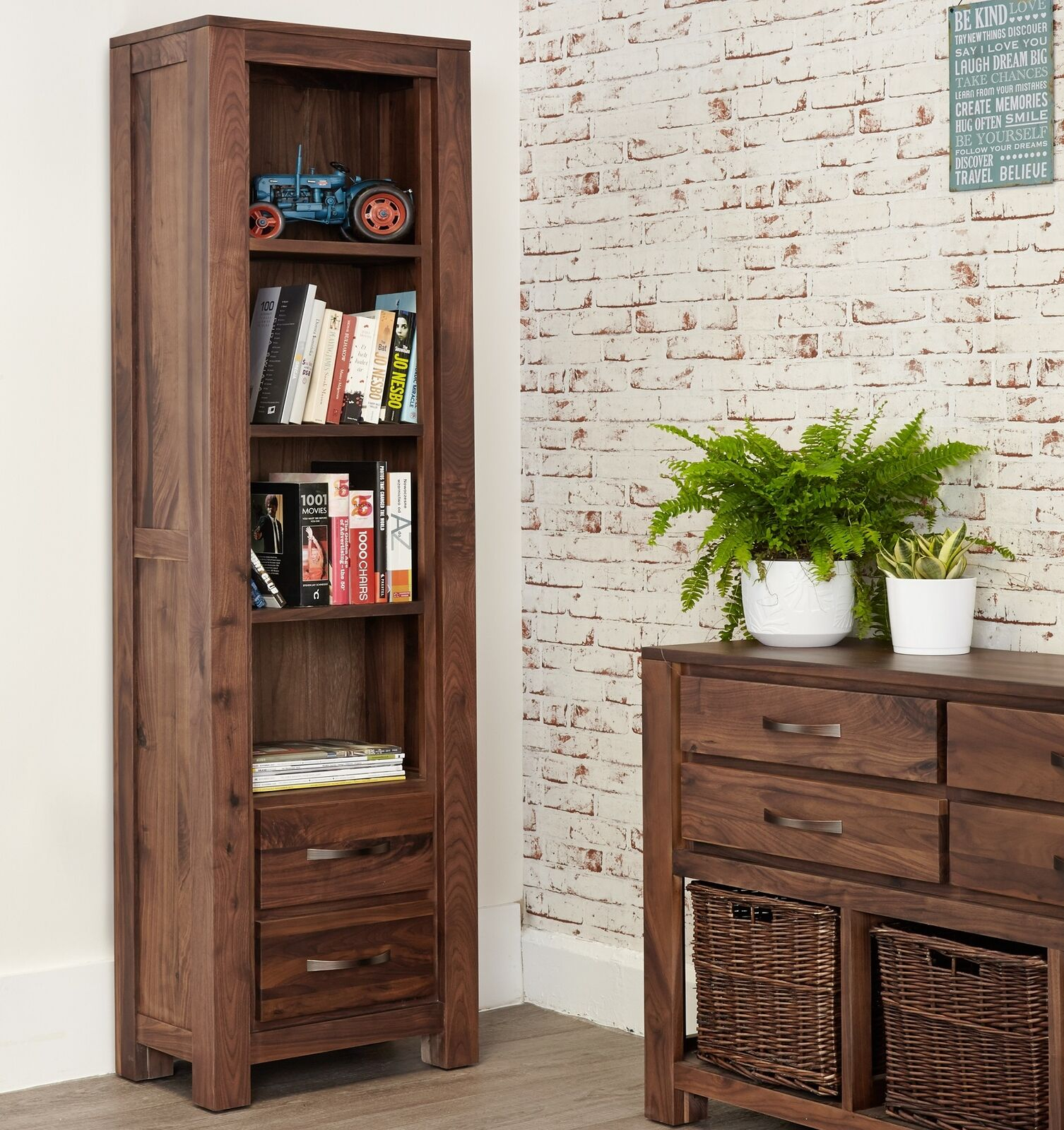 Mayan Walnut Narrow Bookcase With 2 Drawers Baumhaus with regard to proportions 1506 X 1600
