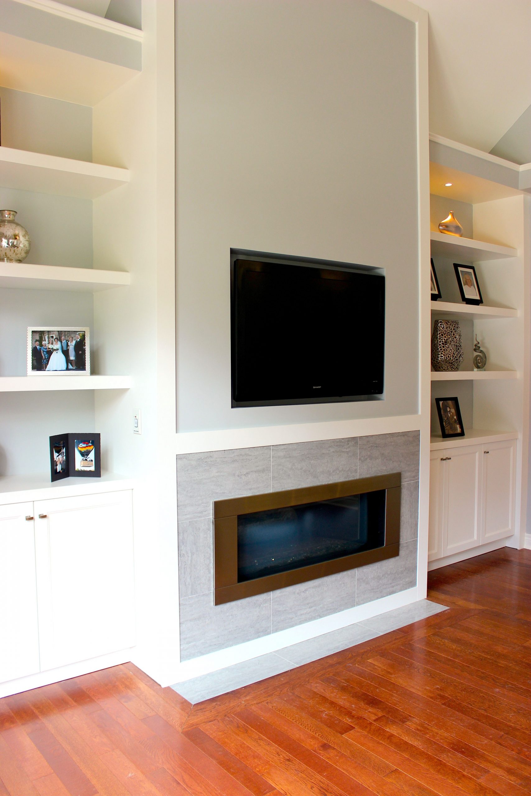 White Living Room Wall Unit With Built In Television And Gas with sizing 3456 X 5184